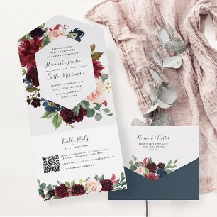 Invitation Tout En Un Code QR Mariage de fleurs radiées