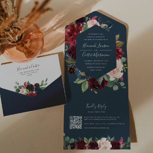 Invitation Tout En Un Code QR Mariage de fleurs radiées