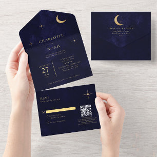 Invitation Tout En Un Code QR Mariage des étoiles de la lune d'or célest