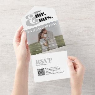 Invitation Tout En Un code QR   Mariage écriture photo superposition gri