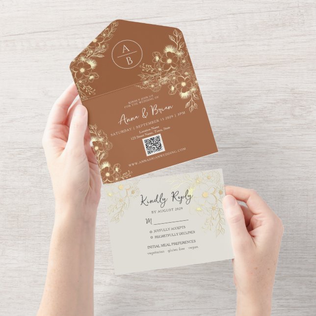 Invitation Tout En Un Code QR mariage en terre cuite (Déchirure)