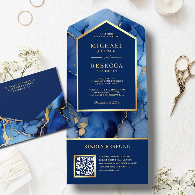 Invitation Tout En Un Code QR Mariage Encre Fluide Abstraite Or Bleu Roy (Créateur téléchargé)