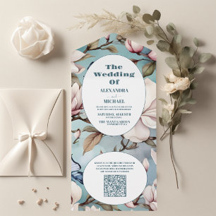 Invitation Tout En Un Code QR Mariage Fleurs Roses Magnolia Blush