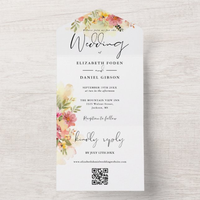 Invitation Tout En Un Code QR Mariage Floral Aquarelle Script (À l'intérieur)