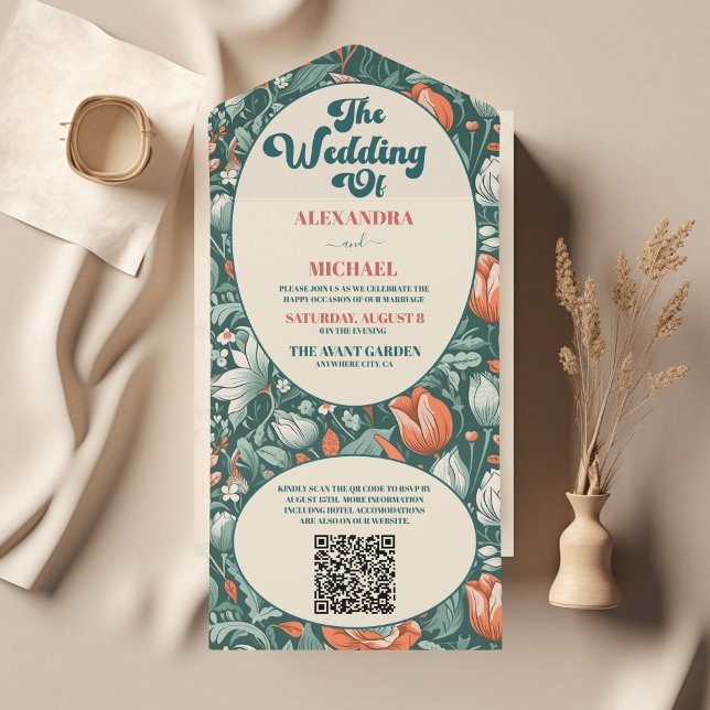 Invitation Tout En Un Code QR Mariage Floral Bohème Chic Rétro  (Créateur téléchargé)