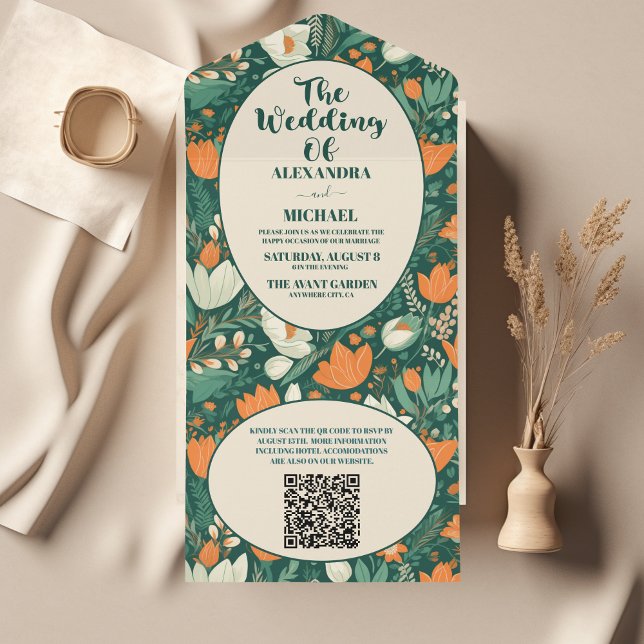 Invitation Tout En Un Code QR Mariage Floral Bohème Rétro  (Créateur téléchargé)