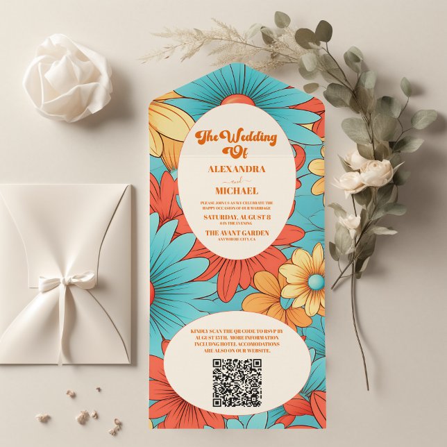 Invitation Tout En Un Code QR Mariage Floral Bohème Rétro (Créateur téléchargé)