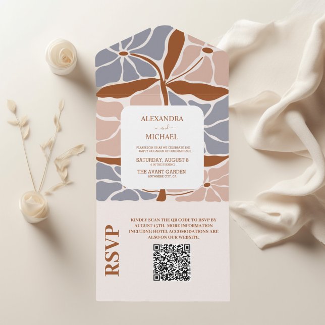 Invitation Tout En Un Code QR Mariage Floral Bohème Rétro (Créateur téléchargé)