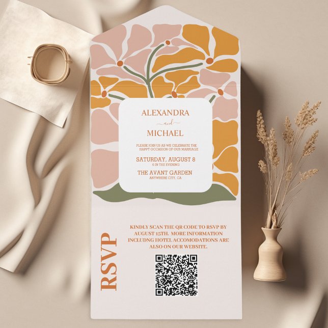 Invitation Tout En Un Code QR Mariage Floral Bohème Rétro (Créateur téléchargé)