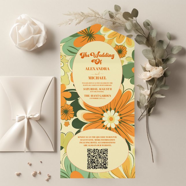 Invitation Tout En Un Code QR Mariage Floral Boho Rétro Groovy (Créateur téléchargé)