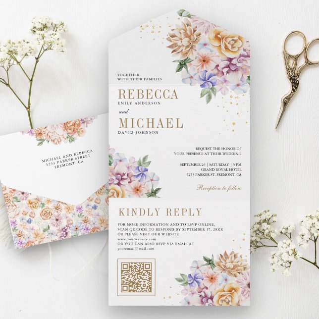Invitation Tout En Un Code QR mariage floral de printemps à l'aquarelle  (Créateur téléchargé)
