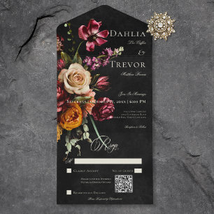 Invitation Tout En Un Code QR Mariage floral foncé à l'automne