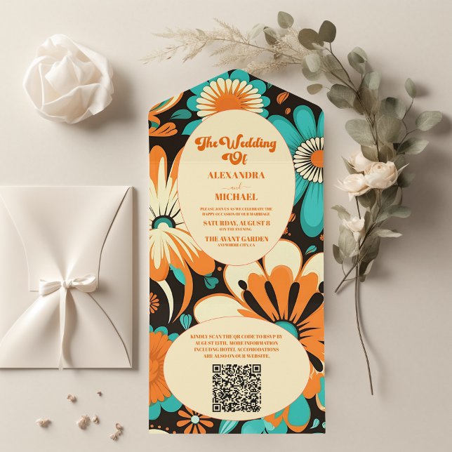 Invitation Tout En Un Code QR Mariage Floral Groovy Rétro (Créateur téléchargé)