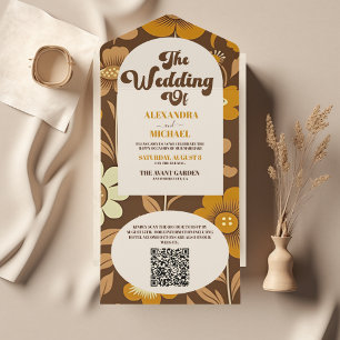 Invitation Tout En Un Code QR Mariage Floral Rétro Années 70 Moderne
