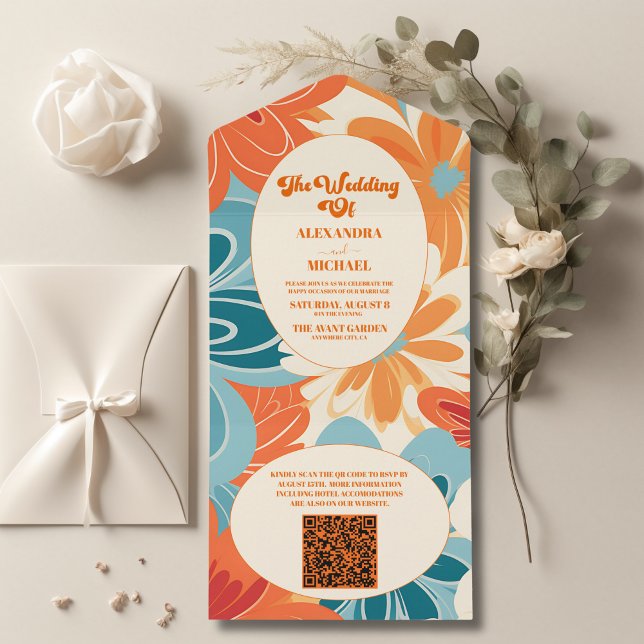 Invitation Tout En Un Code QR Mariage Floral Rétro Bohème Chic (Créateur téléchargé)