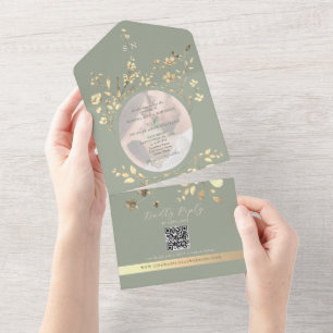 Invitation Tout En Un Code QR Mariage Floral Vert Sauge Or