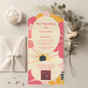 Invitation Tout En Un Code QR Mariage Groovy Rétro Rose & Or