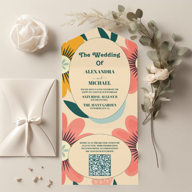 Invitation Tout En Un Code QR Mariage Groovy Rétro Rose & Or (Créateur téléchargé)