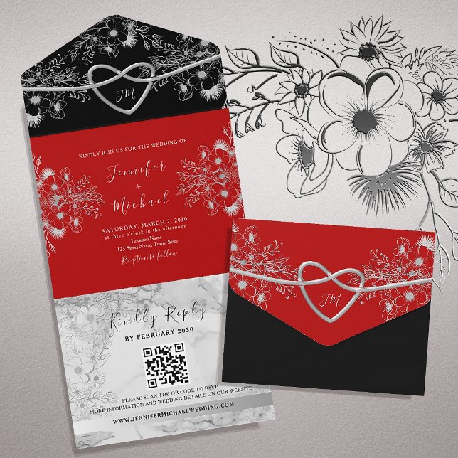 Invitation Tout En Un Code QR Mariage Noir et Rouge Gothique (Créateur téléchargé)