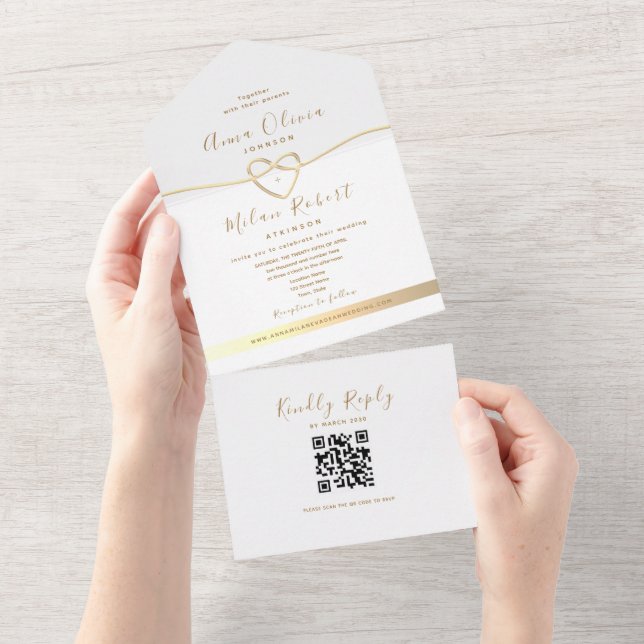 Invitation Tout En Un Code QR Mariage Or Blanc (Déchirure)
