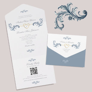 Invitation Tout En Un Code QR Mariage Or Bleu Poussiéreux Vintage