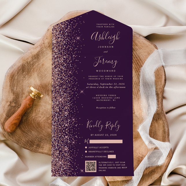Invitation Tout En Un Code QR Mariage Paillettes Or Rose Violet (Créateur téléchargé)