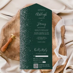 Invitation Tout En Un Code QR Mariage Paillettes Vert Émeraude Argent