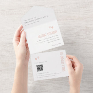 Invitation Tout En Un Code QR Mariage Pastel Dusky Pink Hearts minimum