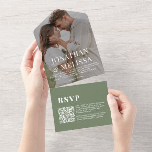 Invitation Tout En Un Code QR   Mariage photo Deep Sage Green Overlay