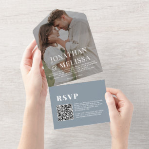 Invitation Tout En Un Code QR Mariage photo Dusty Blue Simple Overlay