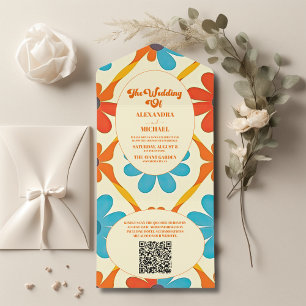Invitation Tout En Un Code QR Mariage Rétro Groovy Orange 70's