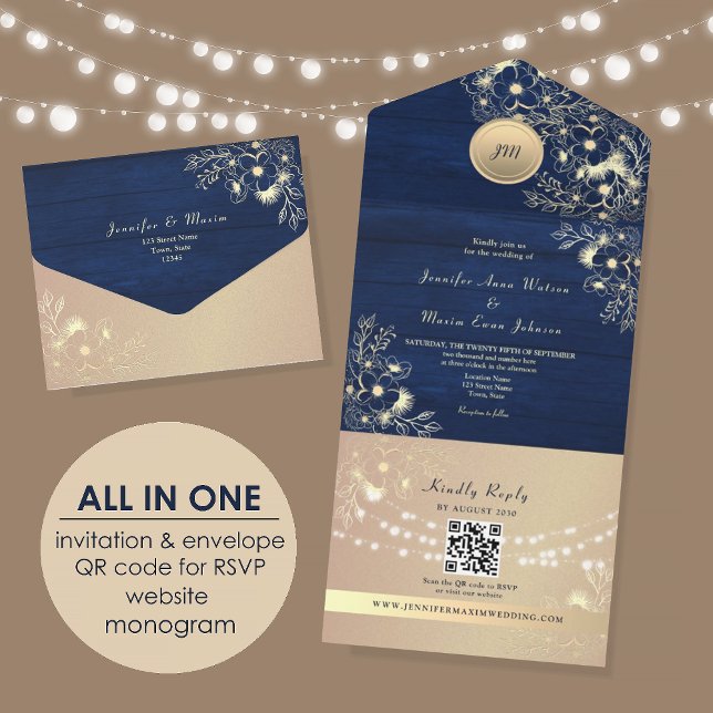 Invitation Tout En Un Code QR Mariage Rustique Navy Rose Gold (Créateur téléchargé)