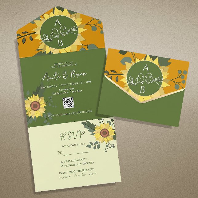 Invitation Tout En Un Code QR Mariage Tournesol Boho (Créateur téléchargé)