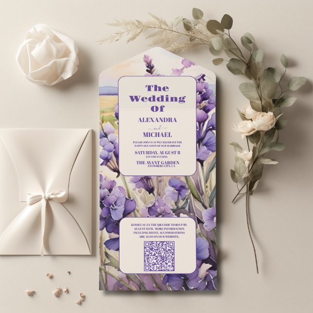Invitation Tout En Un Code QR mariage unique lavande florale (Créateur téléchargé)