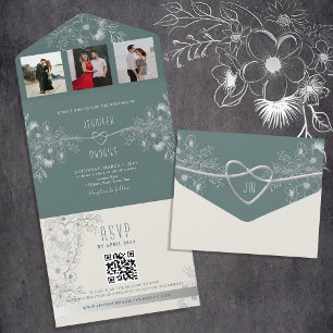Invitation Tout En Un Code QR Mariage vert Sage moderne