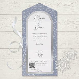 Invitation Tout En Un Code QR moderne Dusty Blue & Snow Silver Foil