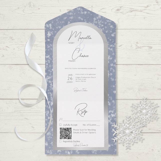 Invitation Tout En Un Code QR moderne Dusty Blue & Snow Silver Foil (Créateur téléchargé)