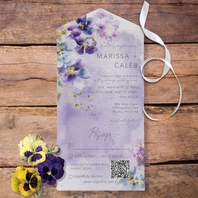 Invitation Tout En Un Code QR moderne floral jaune et violet (Créateur téléchargé)