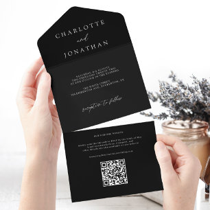 Invitation Tout En Un Code QR moderne minimaliste Mariage noir
