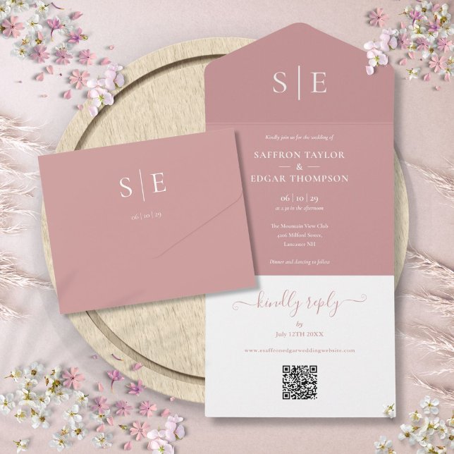Invitation Tout En Un Code QR moderne Monogramme Dusty Mariage Rose (Modern QR Code Monogram Dusty Rose Wedding All In One Invitation)