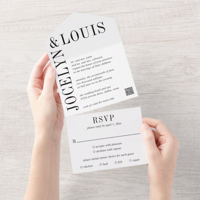 Invitation Tout En Un Code QR moderne noir et blanc gras Mariage (Déchirure)