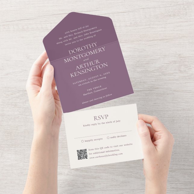 Invitation Tout En Un Code QR moderne violet élégant Mariage (Déchirure)