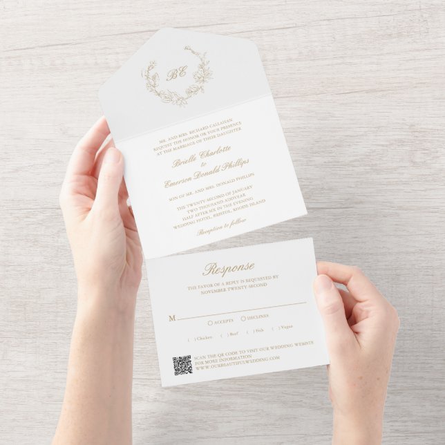Invitation Tout En Un Code QR Monogramme Couronne d'Or Mariage Élégant (Déchirure)