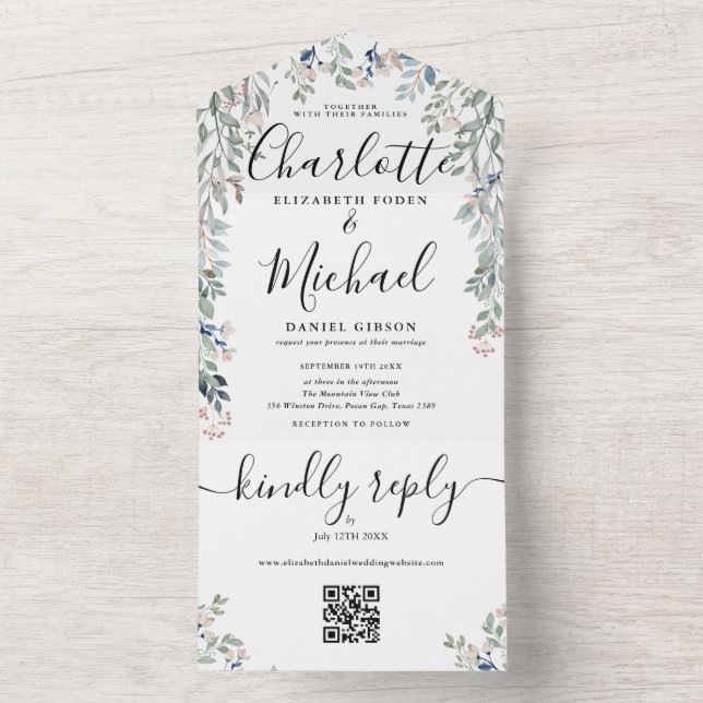 Invitation Tout En Un Code QR Monogramme de mariage en écriture florale  (À l'intérieur)