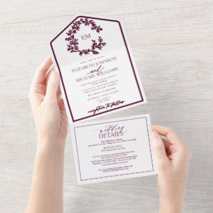 Invitation Tout En Un Code QR Monogramme de mariage feuille de Bourgogne