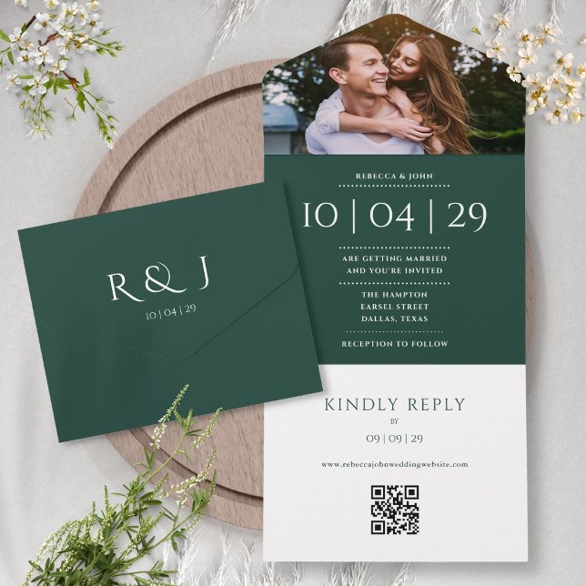 Invitation Tout En Un Code QR Monogramme Émeraude Photo Date de Mariage (Emerald Monogram QR Code Photo Wedding Date All In One Invitation)