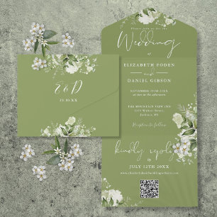 Invitation Tout En Un Code QR Monogramme Fleurs Vert de mousse Mariage