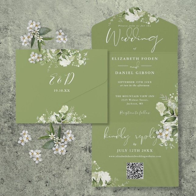 Invitation Tout En Un Code QR Monogramme Fleurs Vert de mousse Mariage (Moss Green Floral QR Code Monogram Wedding All In One Invitation)
