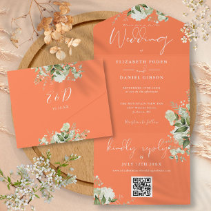 Invitation Tout En Un Code QR Monogramme Floral de Verdure Corail Mariag