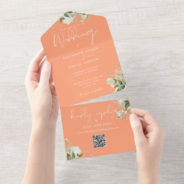 Invitation Tout En Un Code QR Monogramme Floral de Verdure de Pêche Mari (Déchirure)